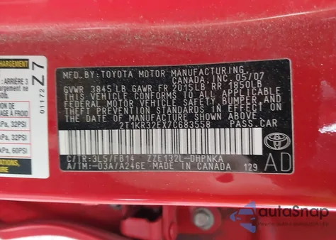 2007 Toyota Matrix Xr z USA, uszkodzony, nr VIN 2T1KR32EX7C683558